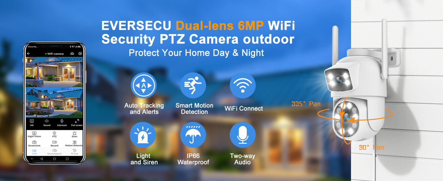EVERSECU Dual Lens Linkage 6MP WiFi PTZ Security Camera Outdoor Tracking Motion Detection 