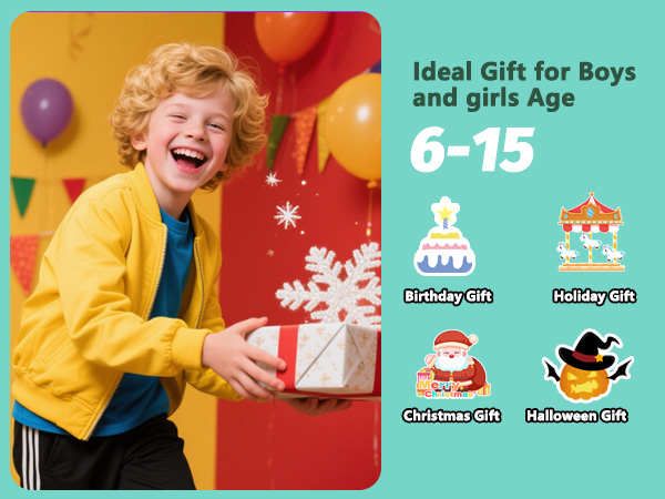 Text reads 'Ideal Gift for Boys and girls Age 6-15'. Colorful banner with cartoon illustrations of presents, party elements, and celebratory imagery.