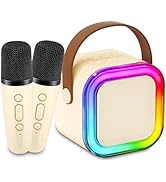 Mini Karaoke Machine for Kids, Portable Bluetooth Speaker with 2 Wireless Microphones &amp; LED Light...