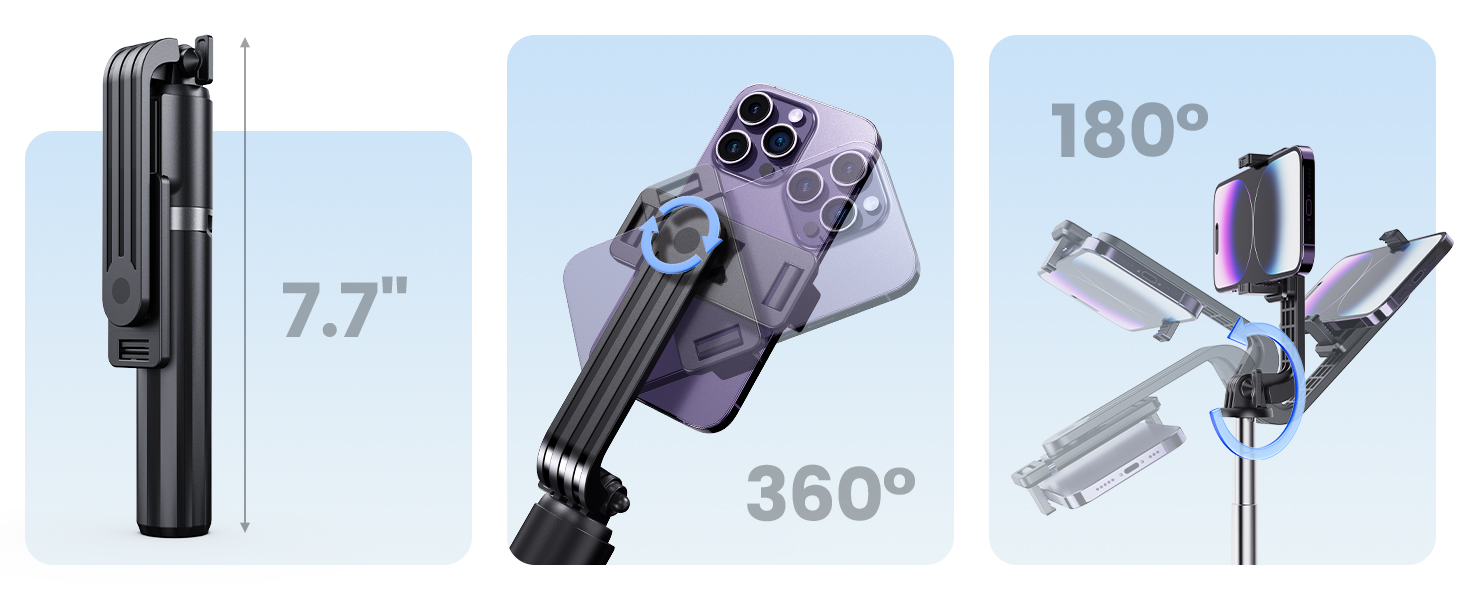Text reads '7.7"', '360°', '180°'. Car dashboard mount display showing smartphone holder with 7.7-inch screen capacity, 360-degree rotation, 180-degree adjustment angles; includes vehicle photos.