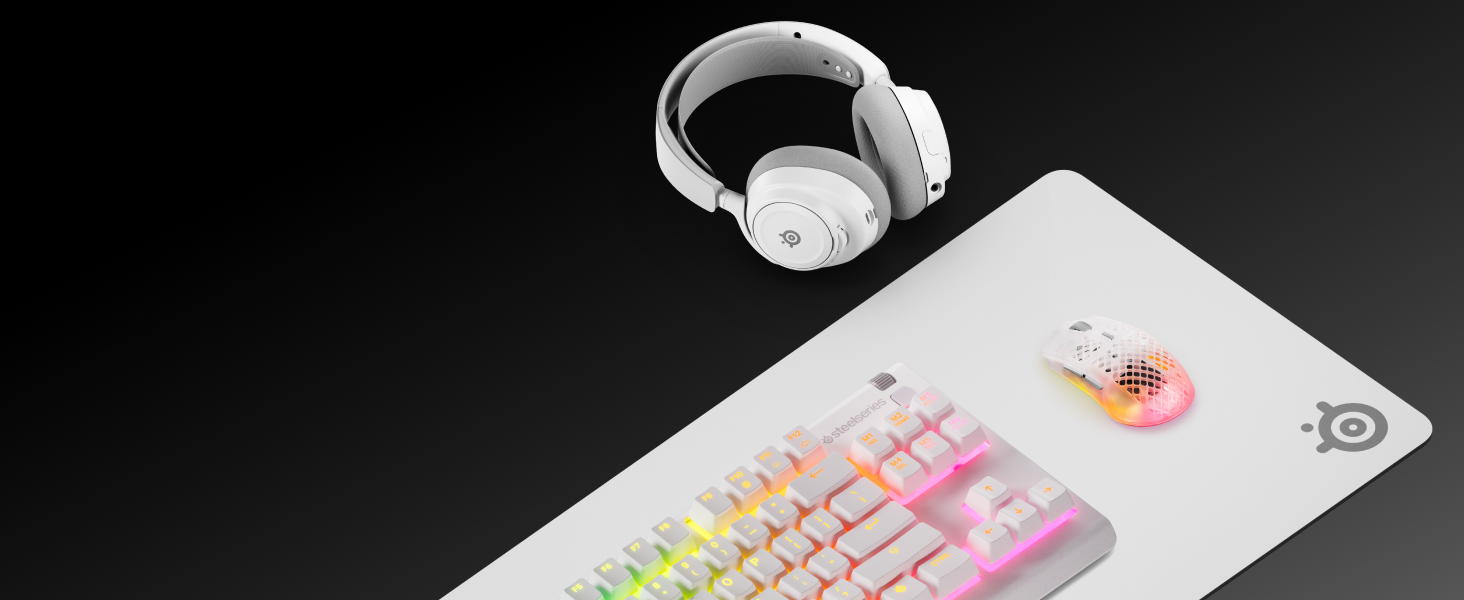 Coordinated white mousepad, mouse, keyboard and headset