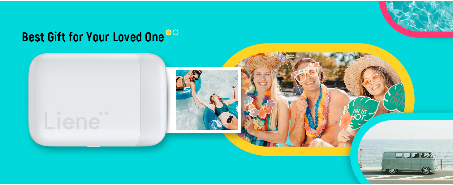 White rectangular device labeled 'Liene' shown on bright turquoise background with circular photo elements and promotional text.