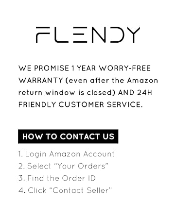 FLENDY brand warranty information and customer service contact steps, including 1-year warranty details and account navigation instructions.