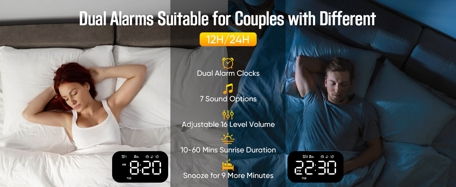 Text reads "Dual Alarms Suitable for Couples with Different", "Dual Alarms Clocks", "#YourOwnAlarmClock", "60*Ways to Sleep Transfered". Split-screen image of couple in bed with digital alarm clocks displaying different times (8:20 and 23:30).