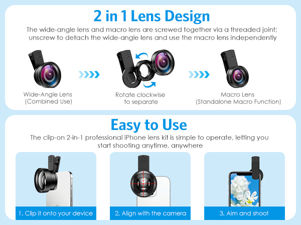 Phone Camera Lens, 0.45X Super Wide Angle Lens 15X Macro Clip-On 2 in 1 Professional iPhone Lens Kit