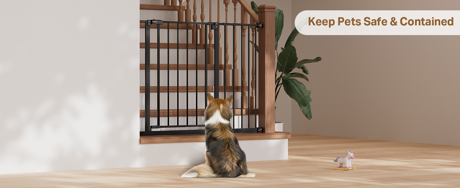 Pet safe by black gate (blocks stairs). Slogan: &amp;#34;Keep Pets Safe &amp;amp; Contained