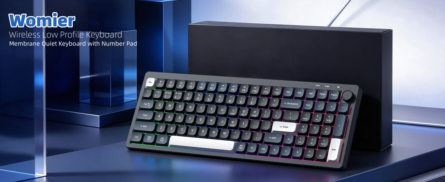 Wireless Low Profile Keyboard Membrane Quiet Keyboard with Number Pad