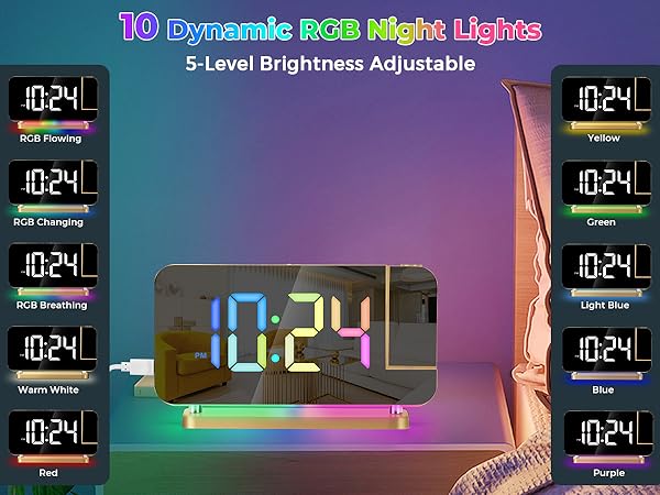 led mirror digital alarm clock with rgb night light