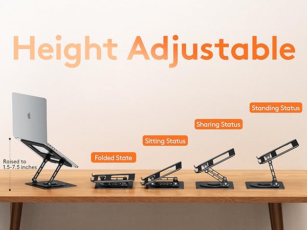 Text reads 'Height Adjustable' showing progression of laptop stand positions with multiple adjustment angles demonstrated on wooden surface.