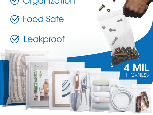 Household items in zip bags of various sizes. Text reads storage, organization, food safe, leakproof