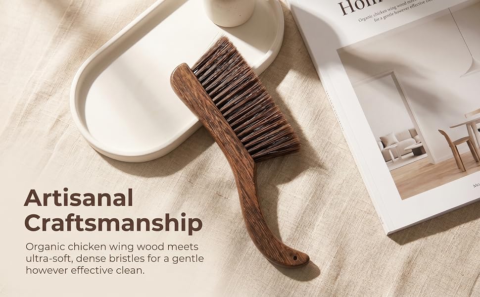 Artisanal wood handle with soft, dense bristles delivers gentle yet effective cleaning.