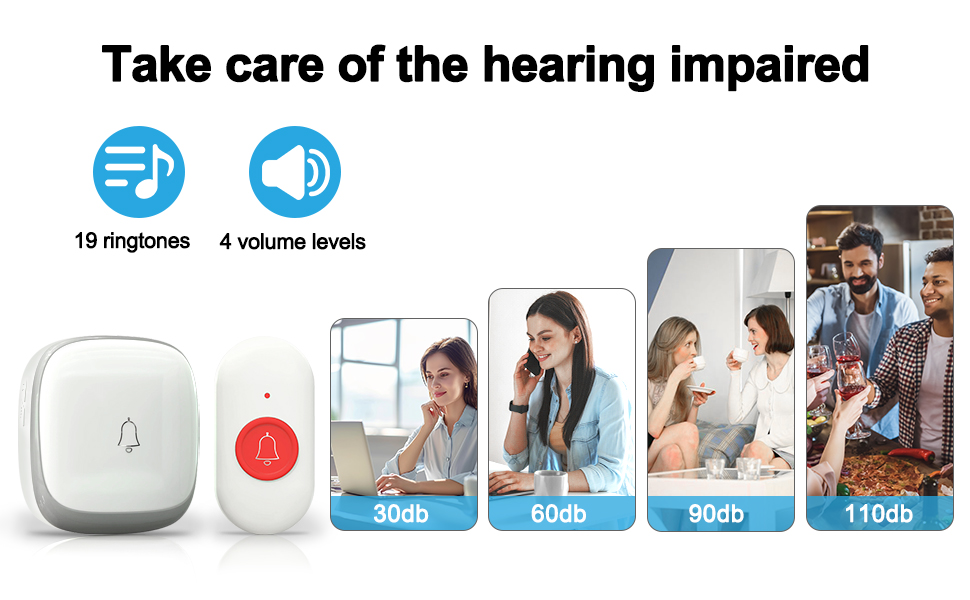 Hearing assistance device with wireless connectivity, featuring 19 ringtones and 4 volume levels from 30dB to 110dB.