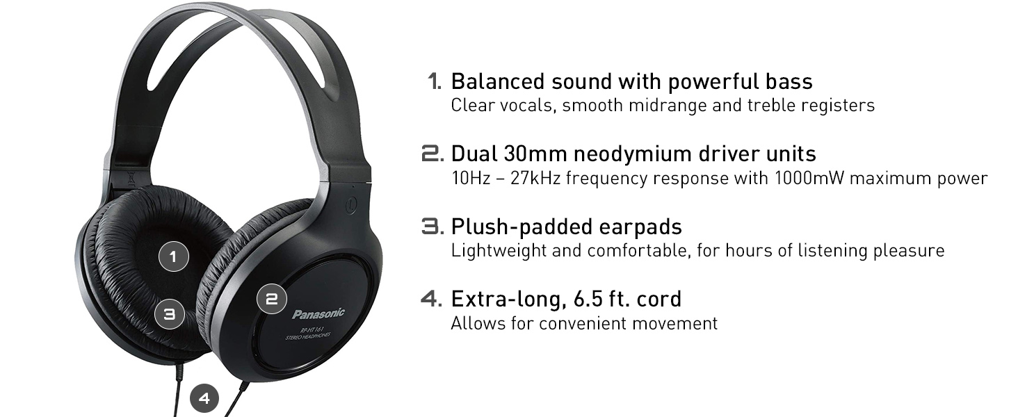 feature callouts for the RP-HT161 headphones