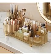 Booklov Rotating Makeup Organizer for Vanity Countertop, Amber | Clear Acrylic Cosmetic Display C...