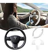 Flewfun White Carbon Fiber Steering Wheel Cover &amp; ABS Steering Wheel Wrap Kit for Tesla Model 3 2...