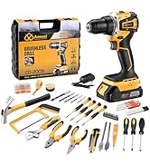 AOWEI Brushless Motor Tool Kit Set: Yellow 21V Cordless Drill, Power Drill Tool Box,3/8" Keyless ...