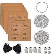 Text reads 'Never Give Up' and 'Morse Code'. Collection of kraft paper cards showing morse code alphabet patterns alongside silver metallic dots and black bow decorative elements.