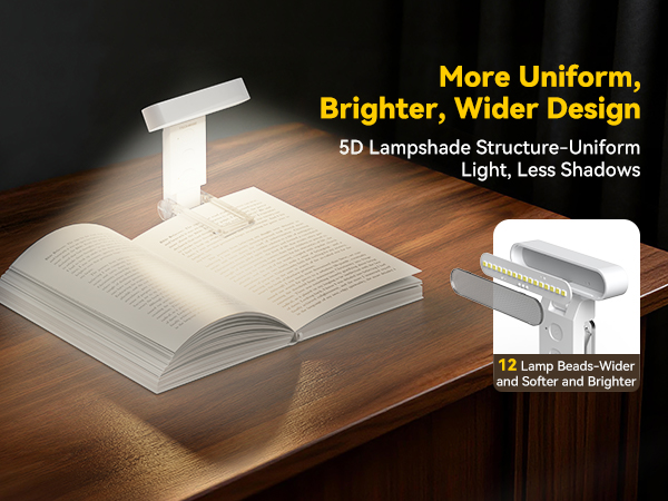 TECKNET reading light with horizontal head provides wider, even light to reduce eye strain