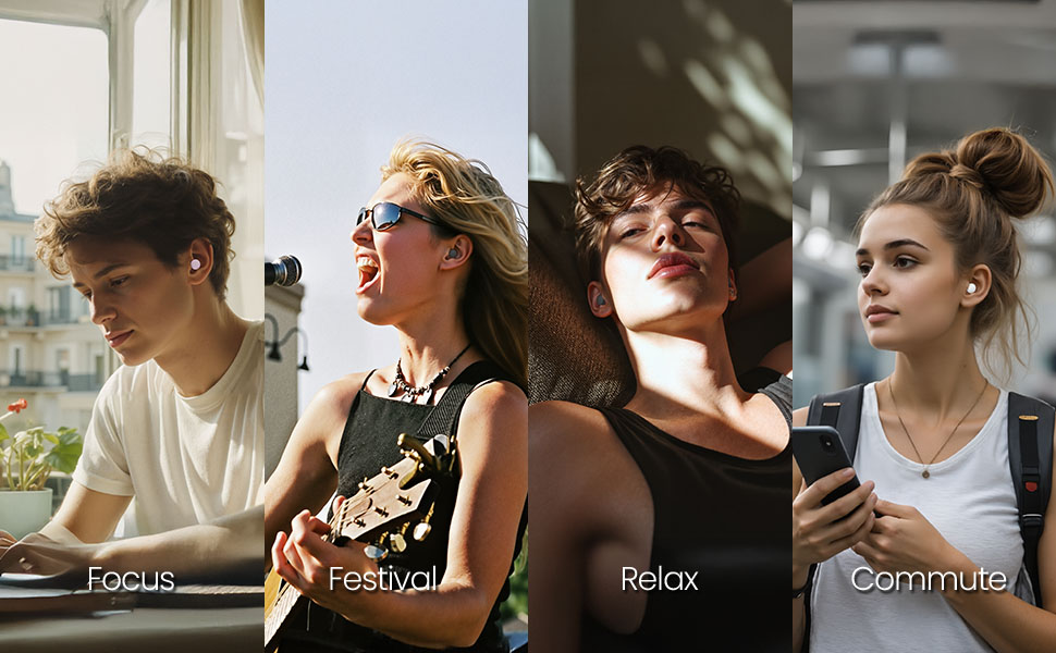 Four-panel lifestyle montage showing different casual indoor scenes in natural lighting.