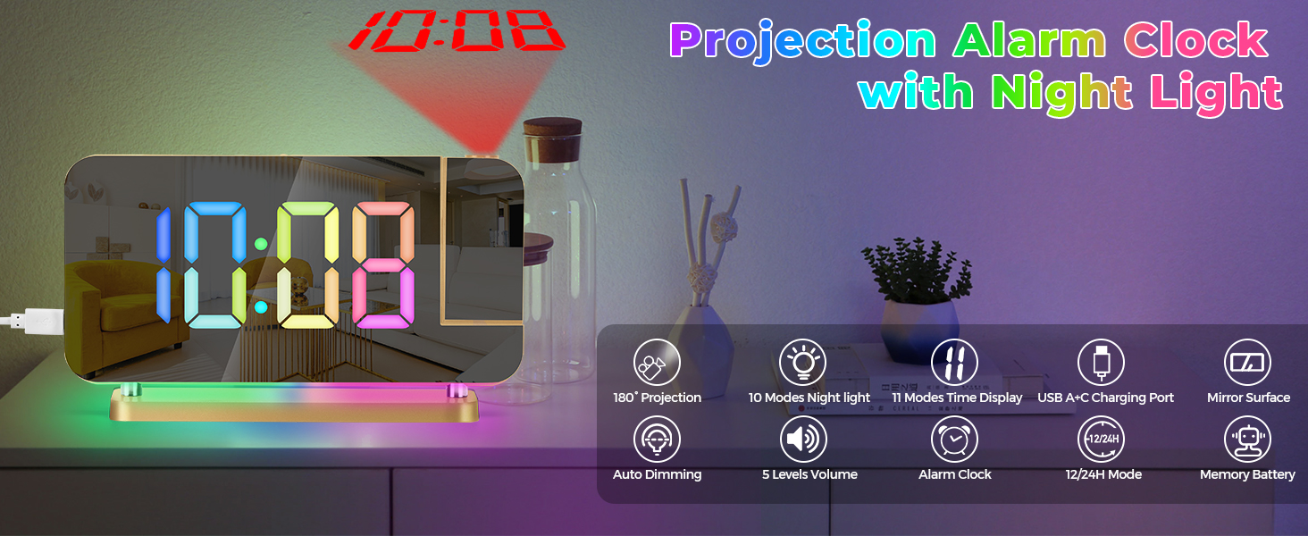 Projection led mirror digital alarm clock with rgb night light
