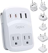 World Travel Adapter Kit by Ceptics 2 USB-A, USB-C US Outlets, 20W/QC 18W Power Delivery, Surge P...