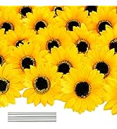 DuHouse 40pcs Artificial Sunflower Heads with Stems 4'' Silk Sunflower Heads Fake Sunflowers for ...