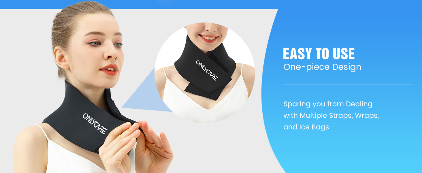 Black neck compression wrap product shown with 'Easy to Use' text and one-piece design feature highlighted in blue panel.