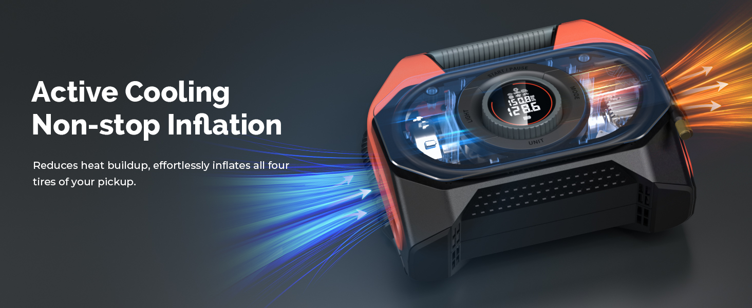 active cooling tire inflator has an automatic shut-off feature