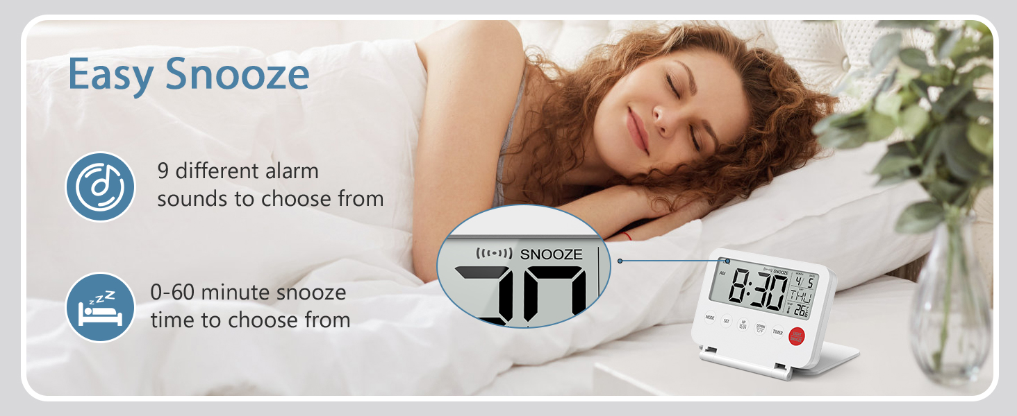 Digital Travel Alarm Clock, Large LCD Display Small Alarm Clock with Temperature, 12/24H, Desk Clock