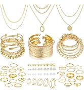 FAXHION 68 Pcs Gold Jewelry Set for Women With 7 Necklace,17 Bracelet, 5 Hoop Earrings,15 Stud Ea...