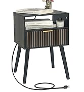 Black Nightstand with Charging Station, Mid Century Modern Bedside Table with Open Shelf and Stor...