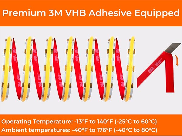 3500K 24V COB LED strip light with strong 3M VHB adhesive backing, built to withstand heat exposure