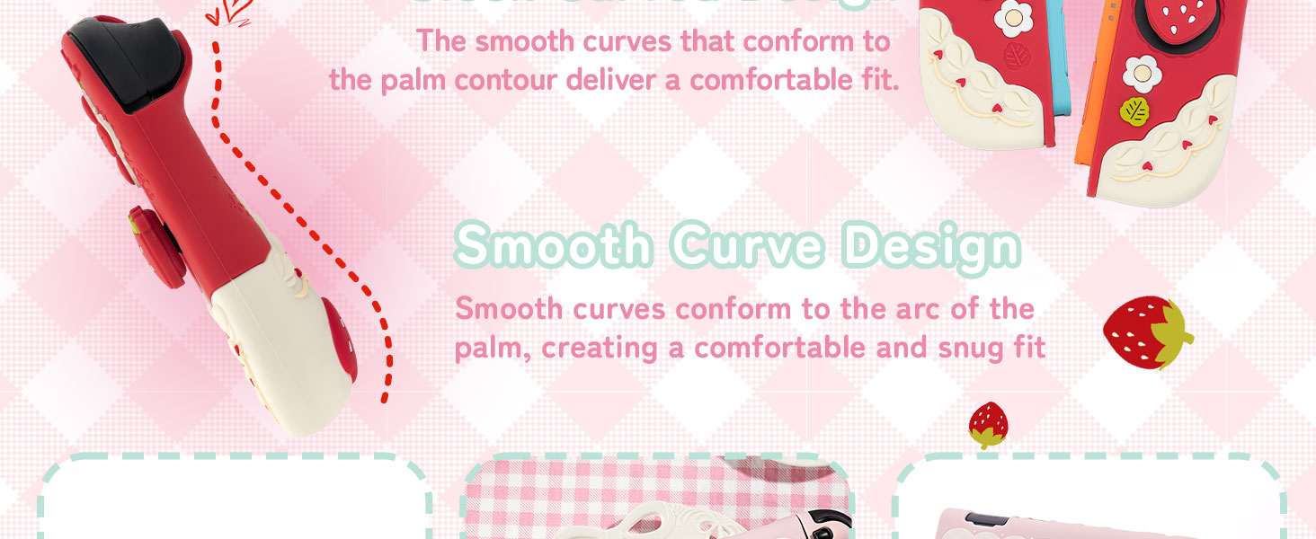 Text reads 'Smooth curve design'. Pink banner with decorative elements showing product information with curved design elements.