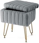 Sweetcrispy Vanity Stool Chair with Storage, 18.9”H x 16”L x 12.2”W Ottoman Chair Faux Fur Soft P...
