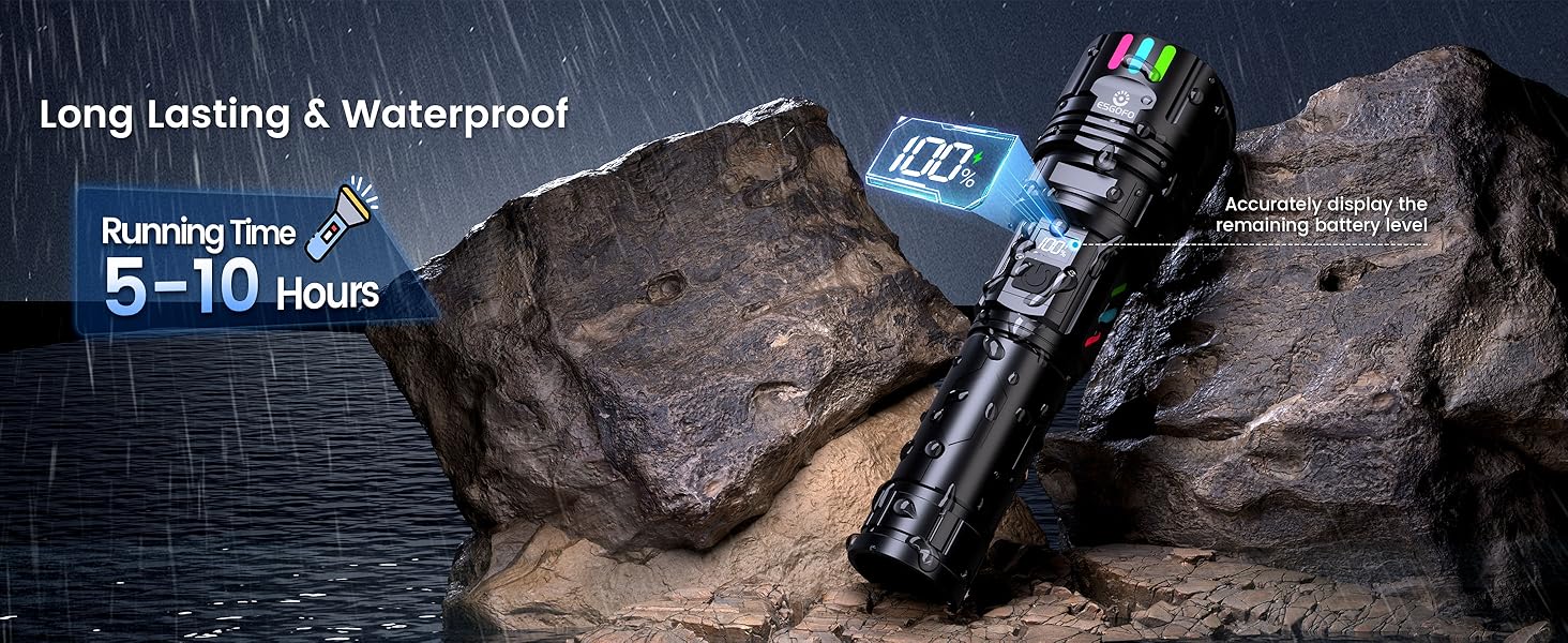 Waterproof flashlight displayed on wet rocks, featuring 5-10 hours running time specification and water-resistant capabilities.