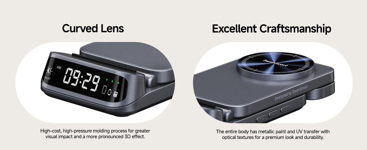 Digital alarm clock with curved lens display showing 09:29. Adjacent image shows the clock's rear view with circular buttons and ports, highlighting its craftsmanship.