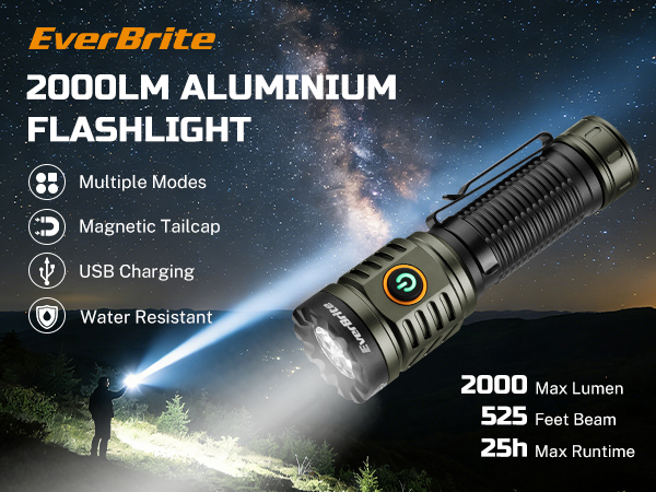 EverBrite 2000LM Aluminium Flashlight, Max 2000 Lumens, Max 525 Feet Beam, Max Runtime 25 hours