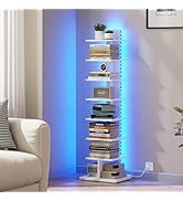 TUTOTAK Narrow Bookshelf, 8-Tier Bookcase with LED Lights, Spine Book Shelf for Small Space, Corn...