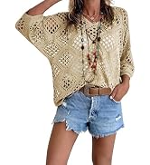 Fisoew Womens Crochet Cover Up Tops Summer Short Sleeve Hollow Out Sweater Shirts Boho Beach Swim...