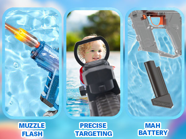 Nicojoy motorized water blaster with scope and LED lights for professional outdoor water battle.
