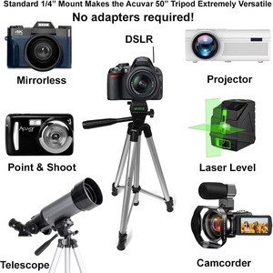 Versatile tripod fits DSLR, mirrorless, camcorder, projector, telescope, and laser level