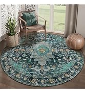 Ciicool Washable Area Rug Round 5’x5’ Teal Boho Bedroom Rug Non-Slip Oriental Entry Rug Throw Rug...