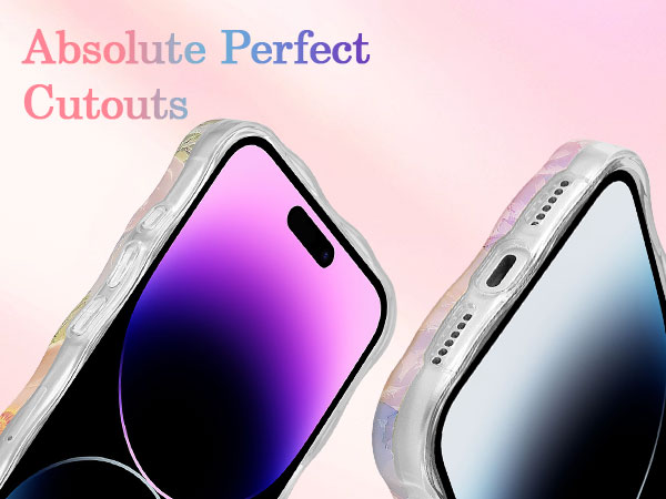 Text reads 'Absolute Perfect Cutouts'. Multiple product images showing close-up details of what appears to be a device edge or corner against pink background.