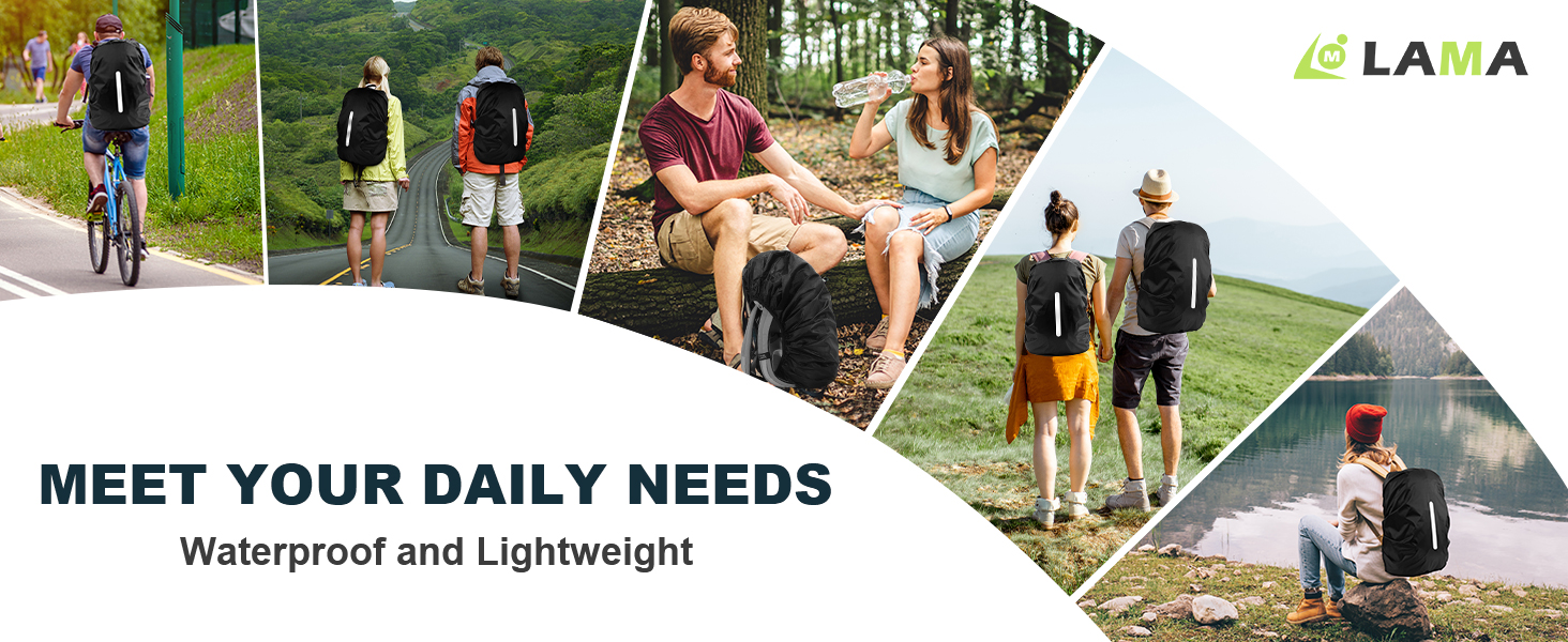 Collage of outdoor activities showing waterproof and lightweight gear usage across hiking, cycling, and camping scenarios, with LAMA brand logo visible.