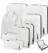 Set of white travel packing cubes in various sizes, including drawstring bag and zippered compartments with black trim, shown with jewelry organizer insert.