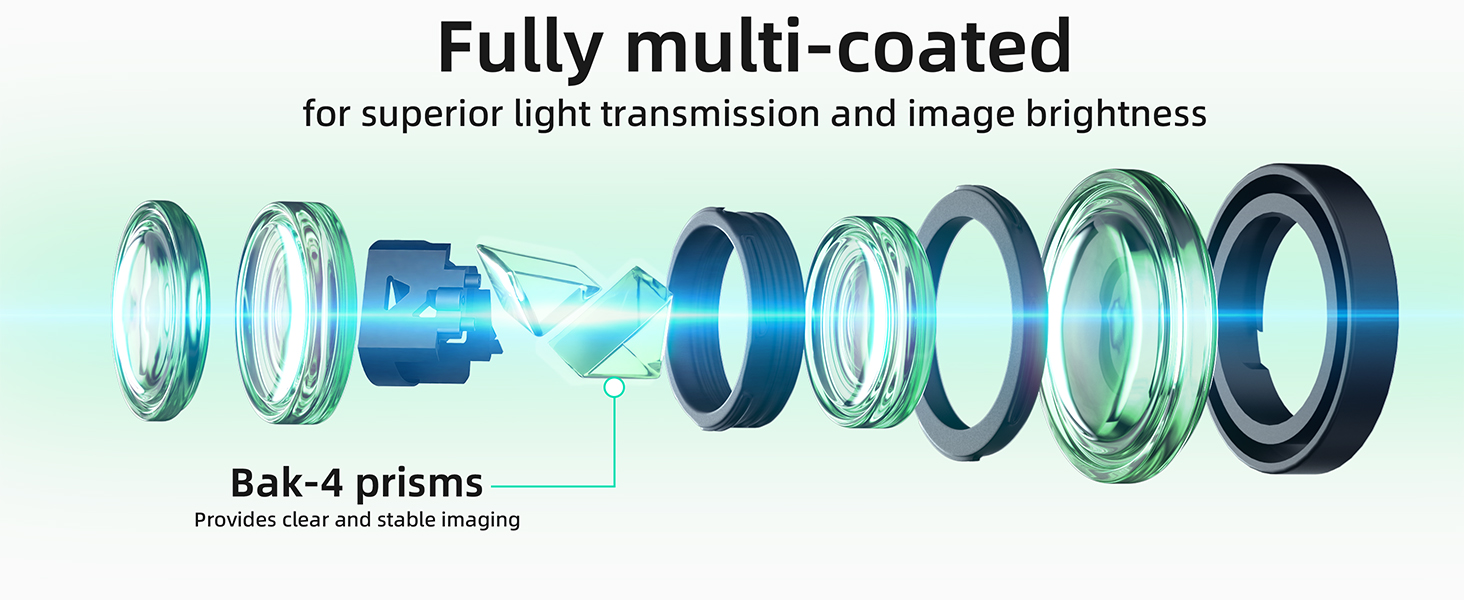 BAK4 Prism Equipped with premium BAK4 prisms and FMC (Fully Multi-Coated) broadband green lenses