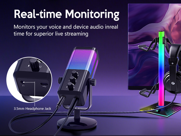 Text reads 'Real-time Monitoring'. Purple-tinted promotional images showing audio monitoring interface with illuminated visualizer bars and gaming headset.