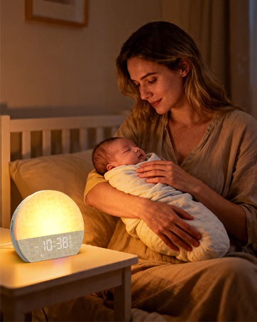 Woman holding sleeping infant while sitting beside illuminated white and gray smart alarm clock displaying time on nightstand.