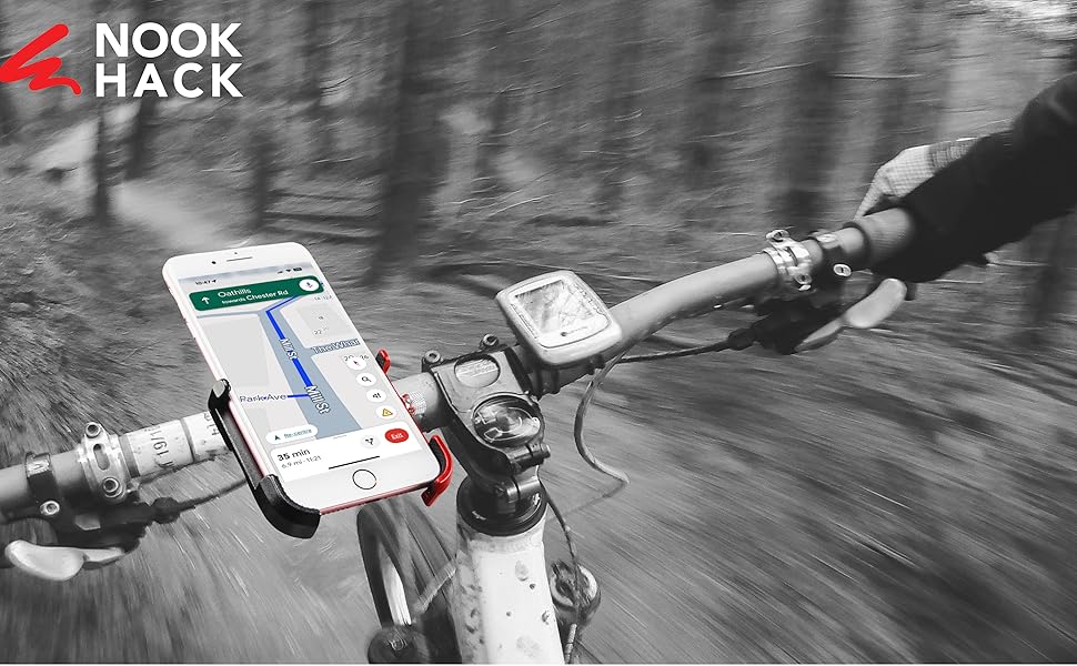 Text reads 'NOOK' and 'HACK'. Black and white image showing hands interacting with what appears to be cycling or exercise equipment.