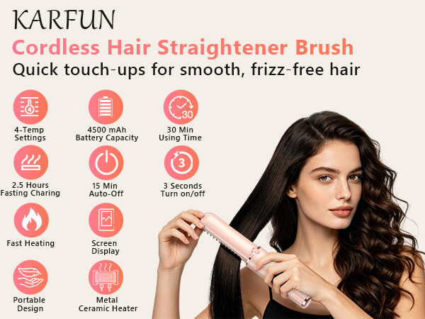 Cordless Hair Straightener Brush, Portable 4500mAh Rechargeable Straightening Comb, MCH Fast Heat